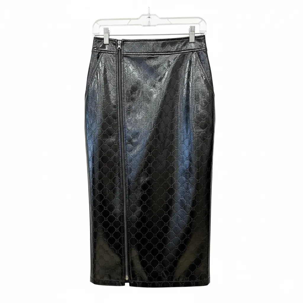 Black Faux Leather Midi Skirt with Genese Tiger Top Silk SET. Marcella Acosta Couture Collection