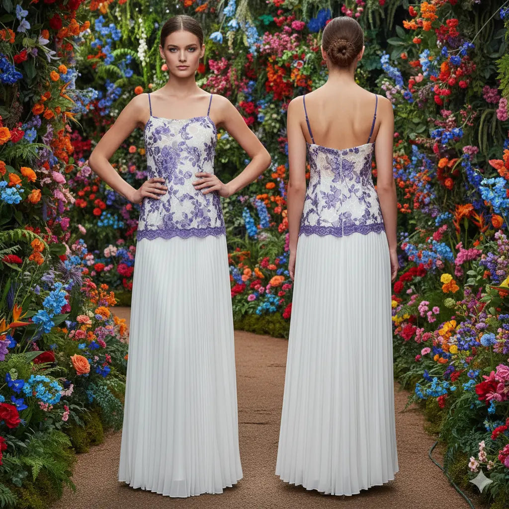 Long White and Blue Dress, Pleated Marcella Acosta Couture Collection