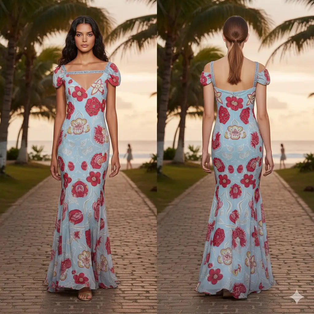 Long Flowers Dress Light Blue Marcella Acosta Couture Collection