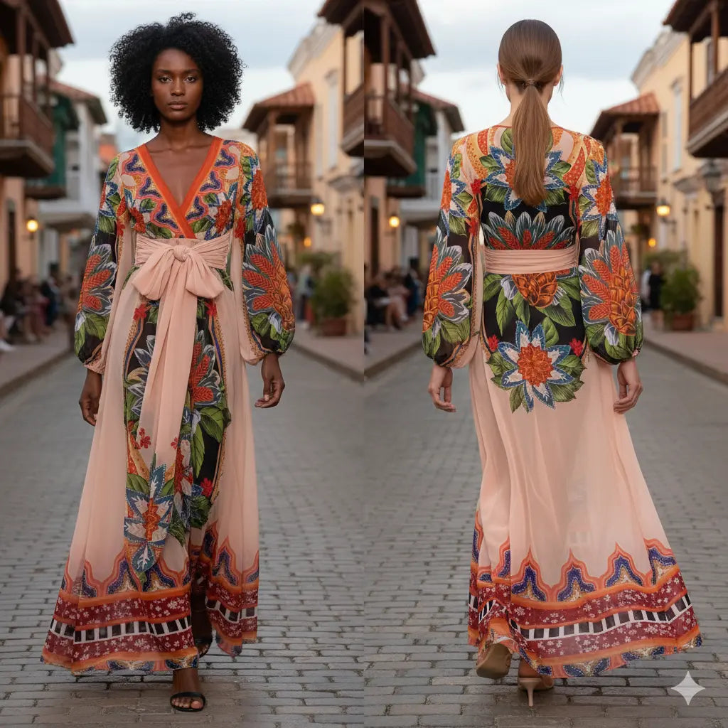 Peach Colored Long Tunic Dress Chiffon Marcella Acosta Couture Collection