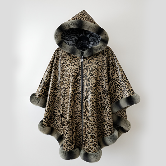 Marcella Acosta Reversible Chinchilla and Printed Leather Tiger with Fox Cape.