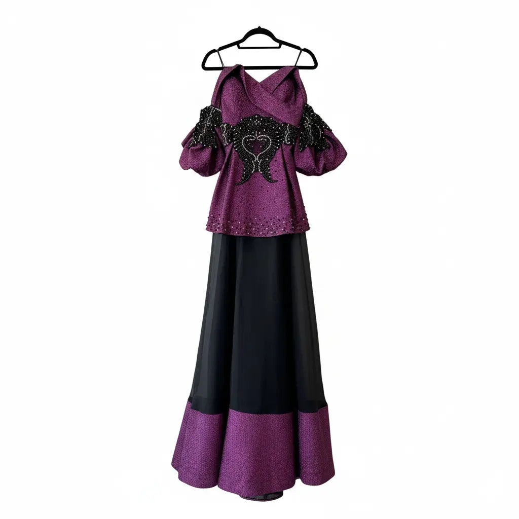 Long Gown, Purple Taffeta and Black Embroidered Flowers with Swarovski. Marcella Acosta Couture Collection