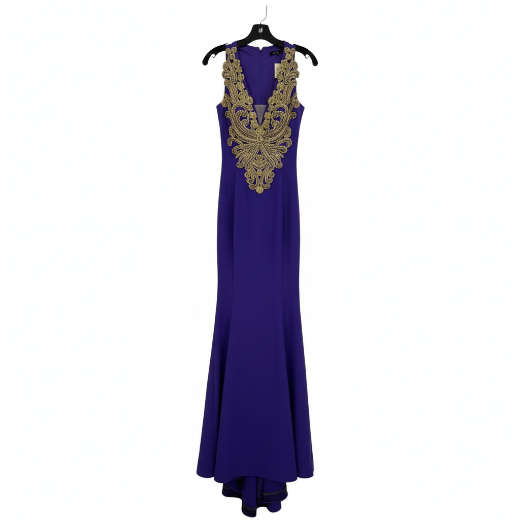 Purple Stretch Long Gown Embroidered in Gold Crystals.