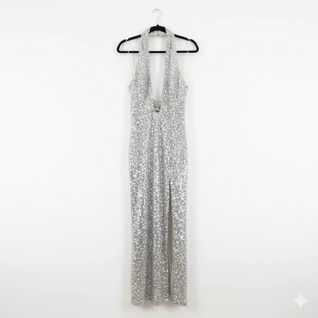 Silver Stretch Sequins Long Gown Marcella Acosta Couture Collection