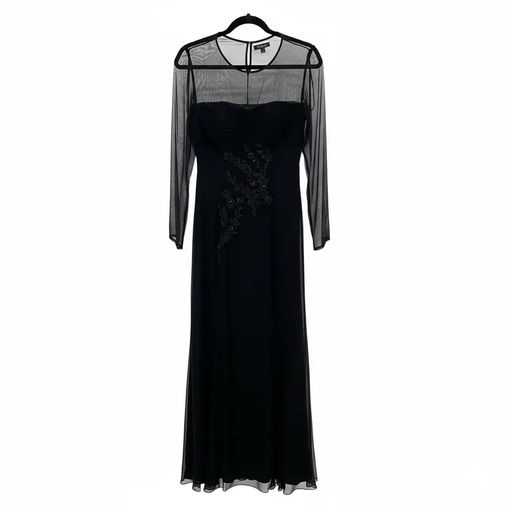 Silk Chiffon Black Long Gown, Hand-Made, All Embroidered. Marcella Acosta Couture Collection