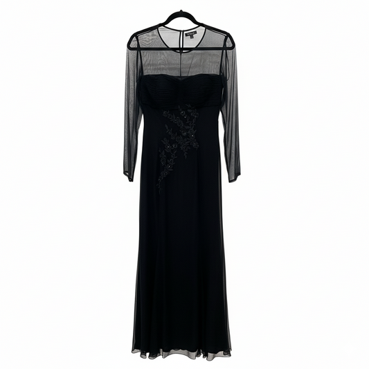 Silk Chiffon Black Long Gown, Hand-Made, All Embroidered.