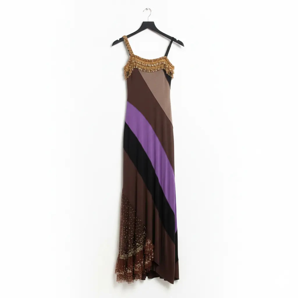 Colored Stretch Silk Long Gown with Sequins. Marcella Acosta Couture Collection