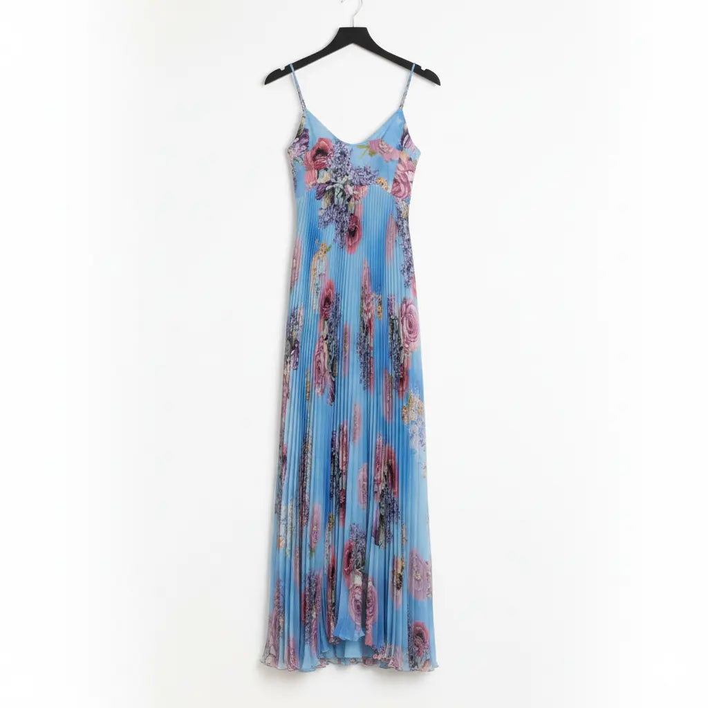 Blue Flowers Silk Pleated Dress. Marcella Acosta Couture Collection