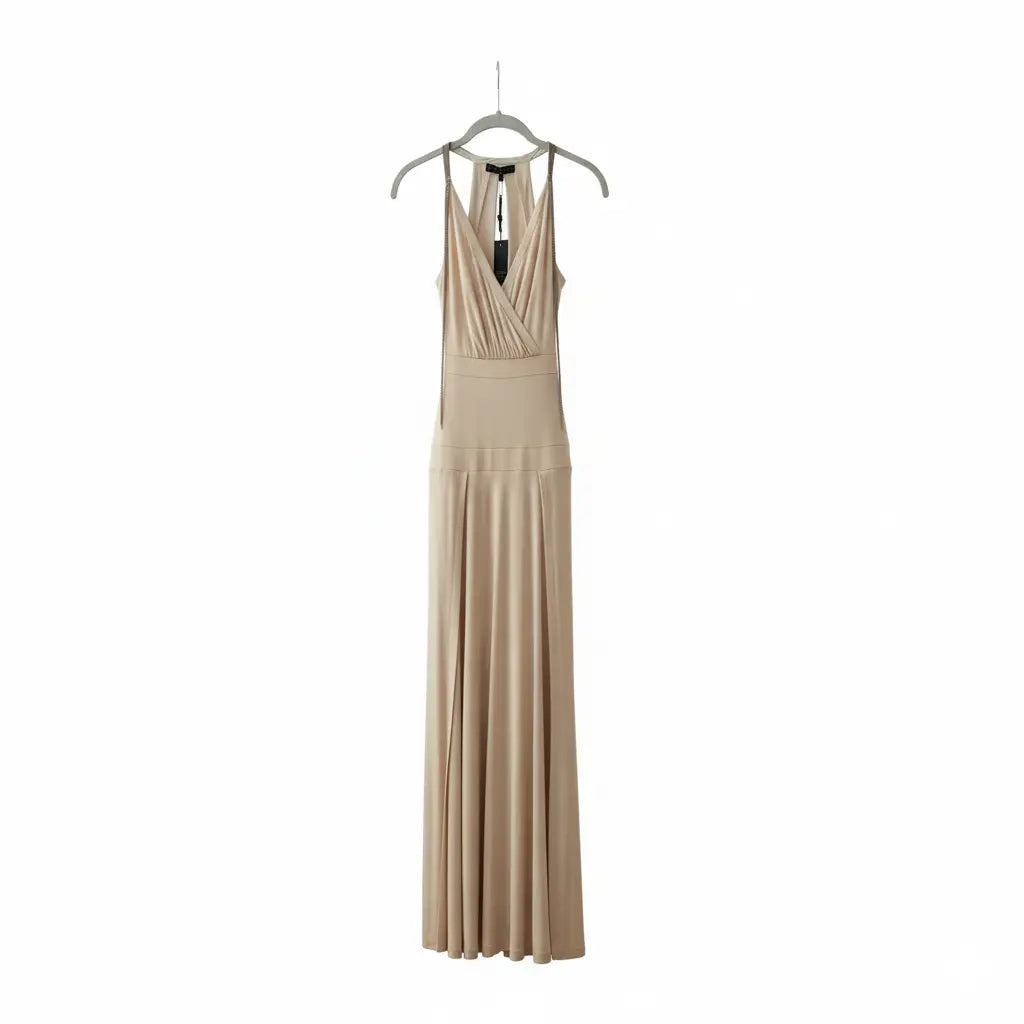 Chic Long Champagne Gown Stretch. Marcella Acosta Couture Collection
