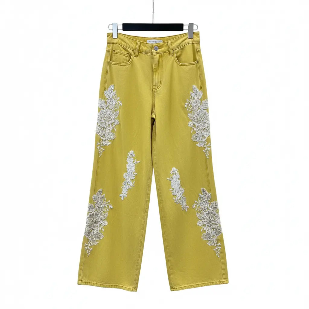Big Jean and Jacket, Yellow, Hand-Embroidered in White. Marcella Acosta Couture Collection