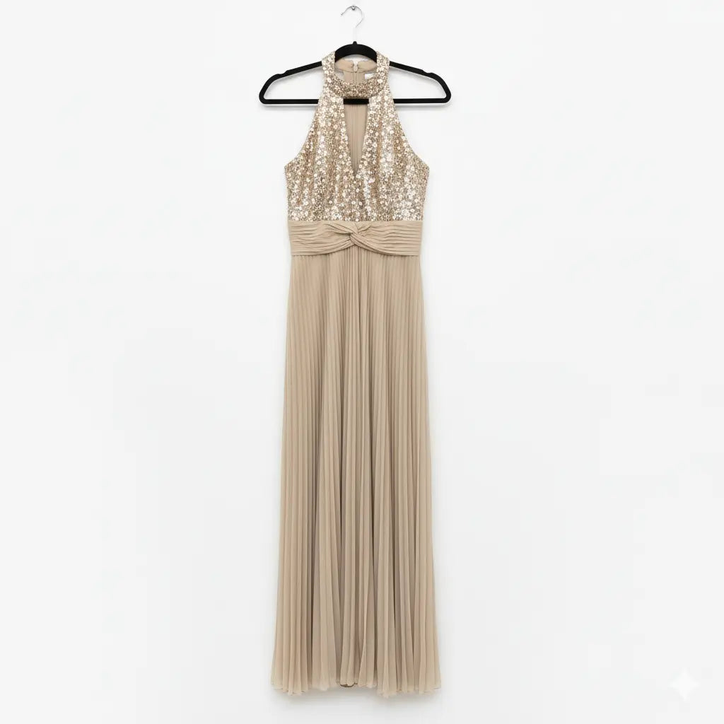 Beige Silk Pleated and Sequined Long Gown Marcella Acosta Couture Collection