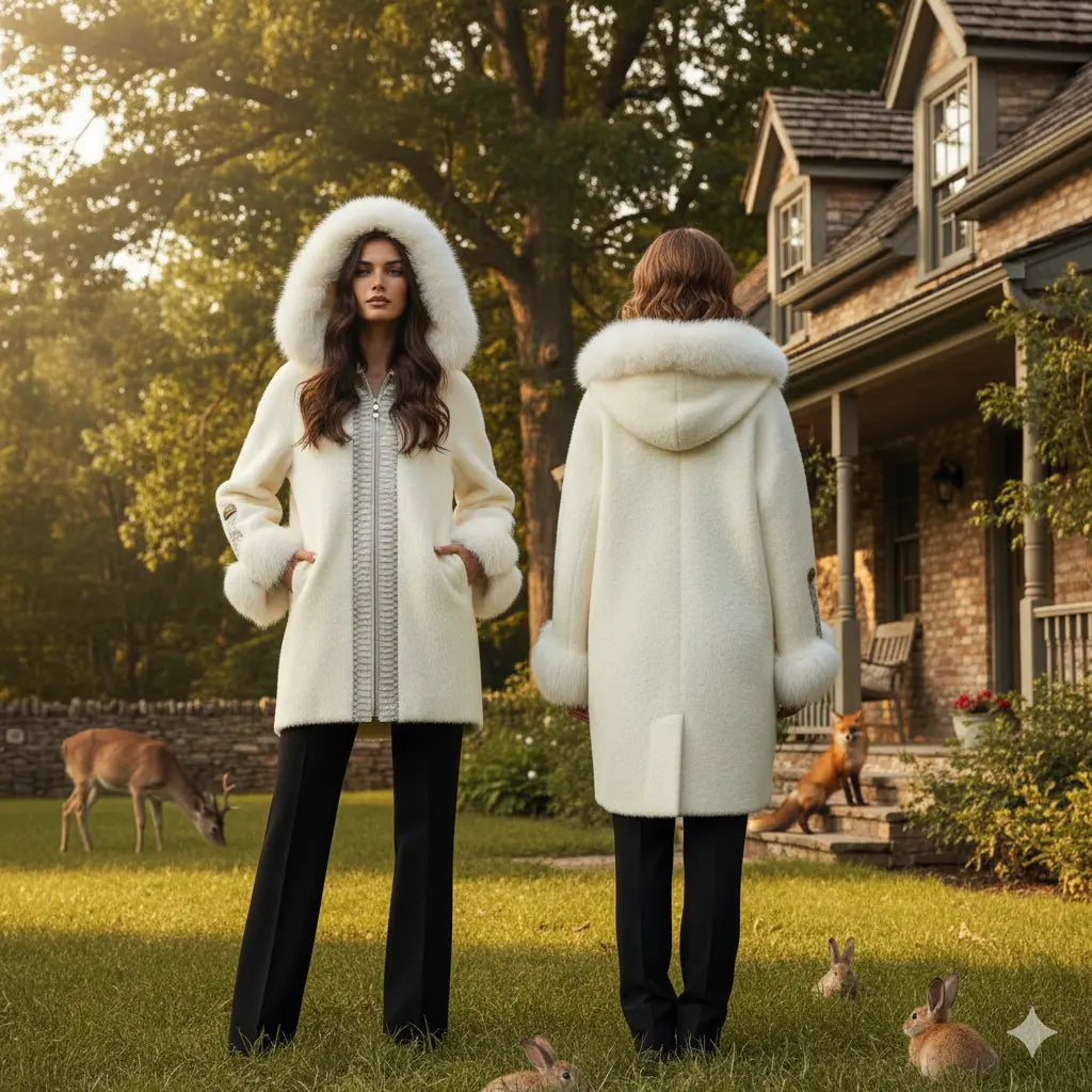 Long White Jacket with Fox Alcantara and Snake Skin Marcella Acosta Couture Collection