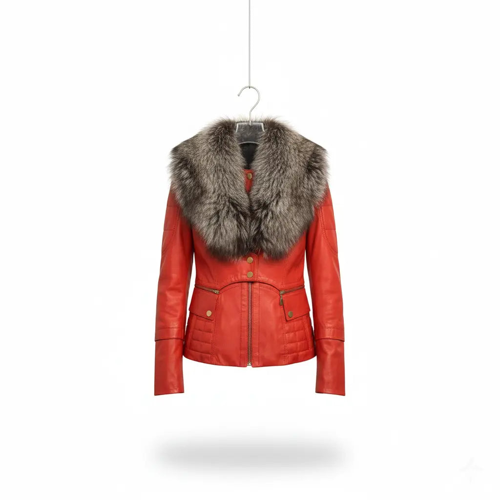 Faux Fur Red Leather and Fox Jacket Marcella Acosta Couture Collection