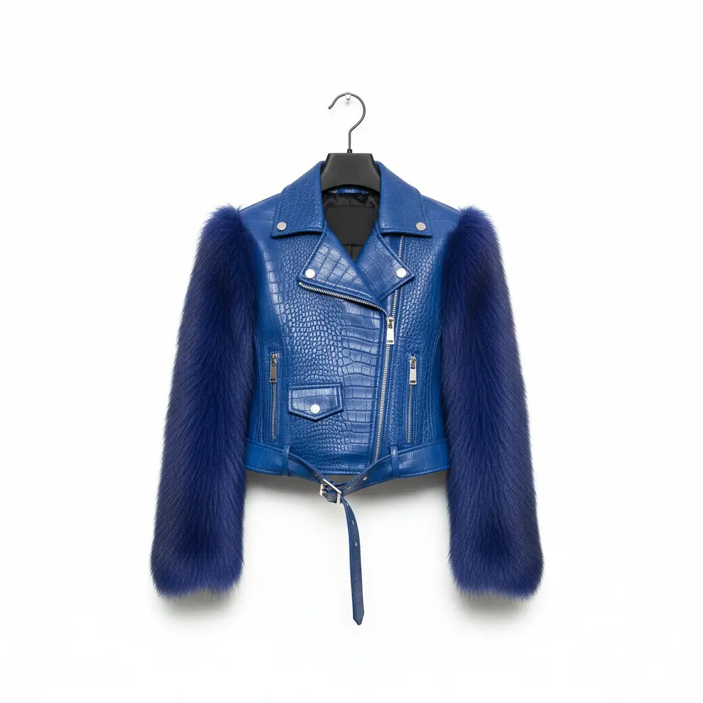 Blue Faux Leather and Fur Jacket Marcella Acosta Couture Collection