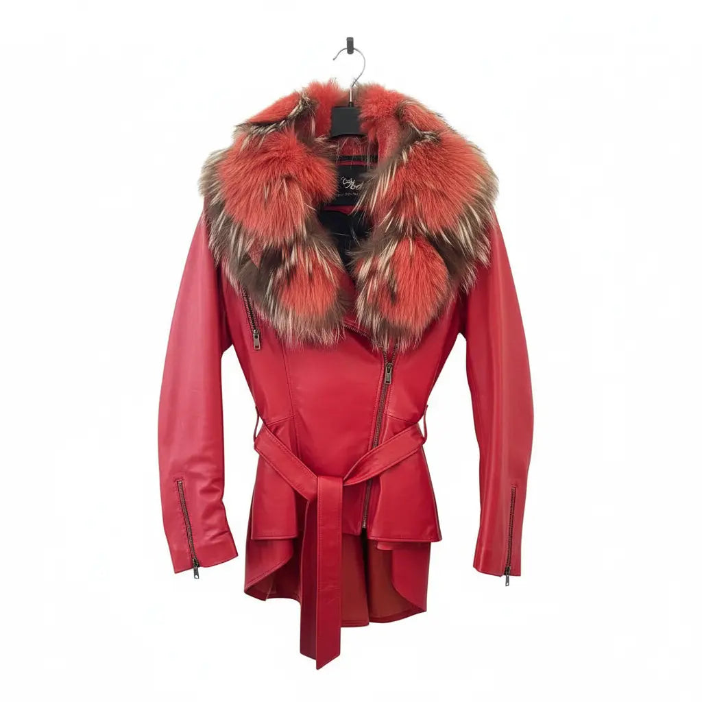 Red Leather Jacket with Fox Marcella Acosta Couture Collection