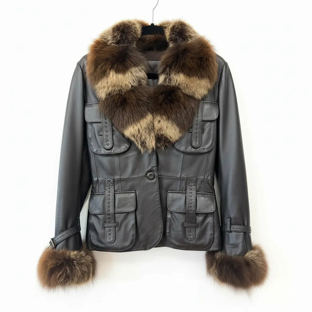 Fox and Leather Brown Jacket Marcella Acosta Couture Collection