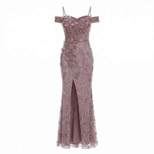 Hand Made Crystals Embroidered Violet Long Lace & Silk Gown