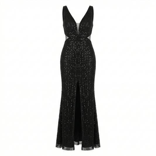 Hand-Made Black Sequins Silk Chiffon Long Gown