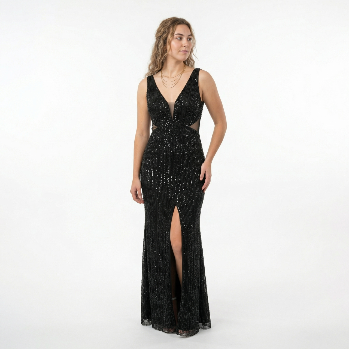 Hand-Made Black Sequins Silk Chiffon Long Gown