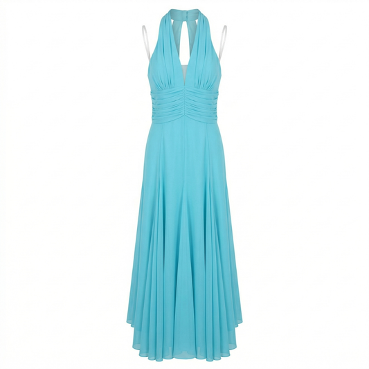 Blue Silk Chiffon Long Gown.