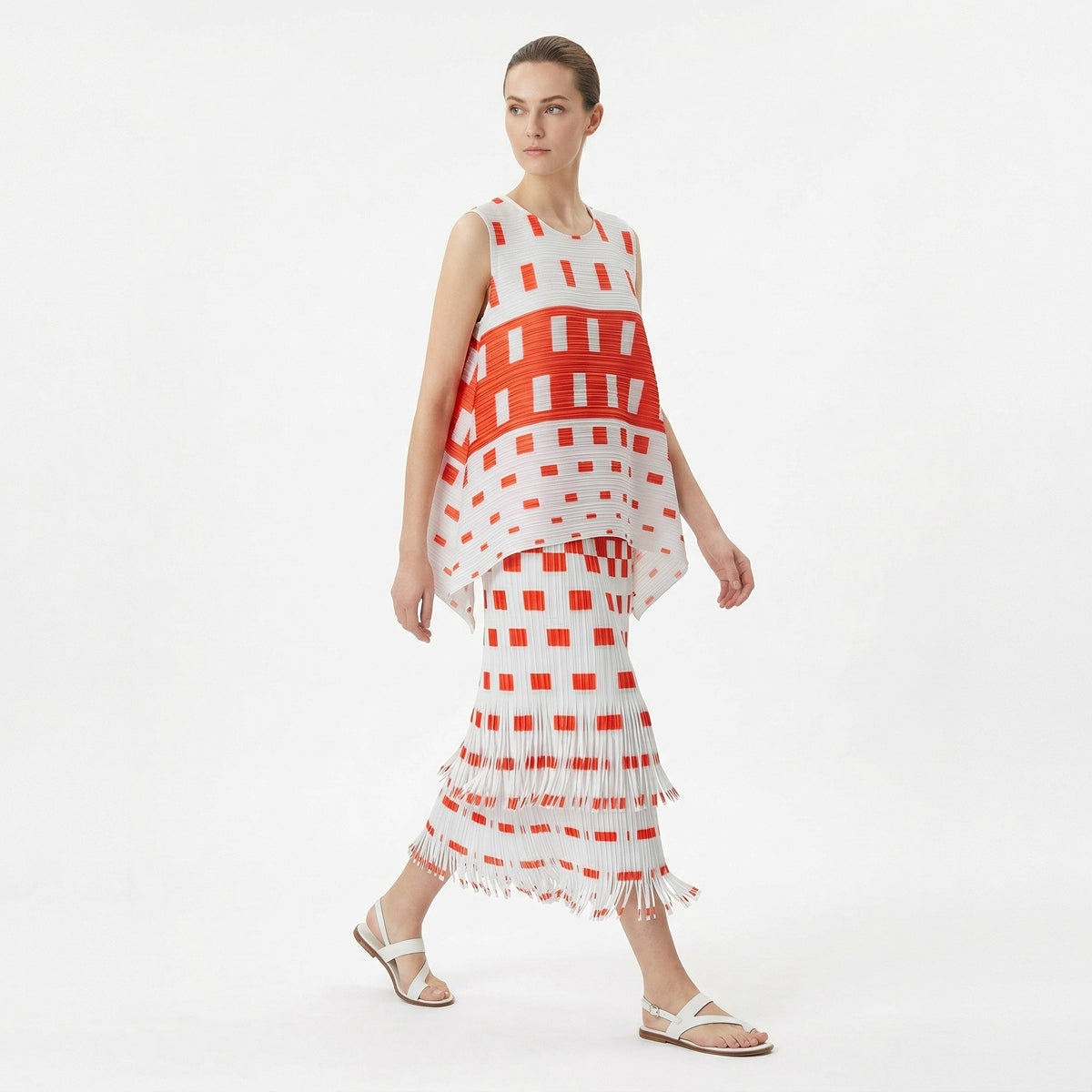 Orange and White Top with Skirt and Fringes