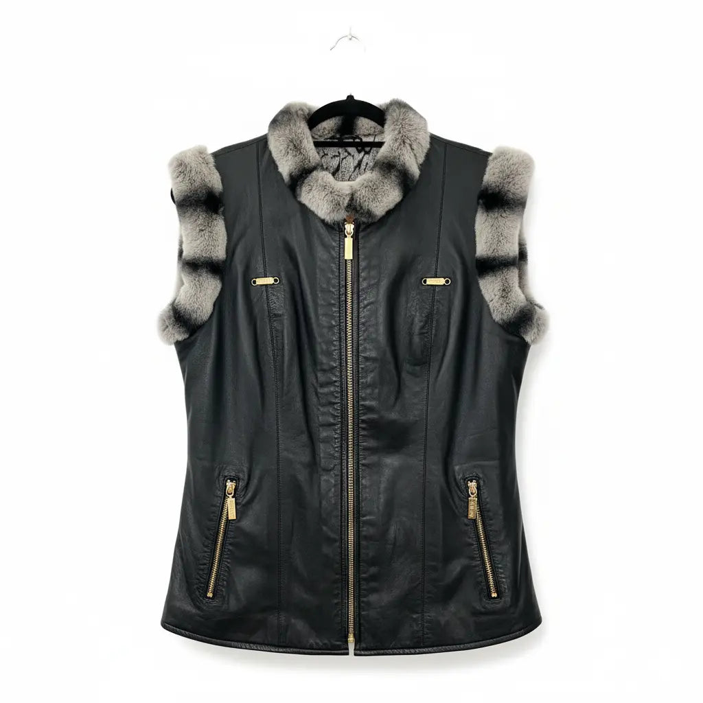 Giletto Chinchilla and Leather Reversible Zipper Sleeveless Jacket Marcella Acosta Couture Collection