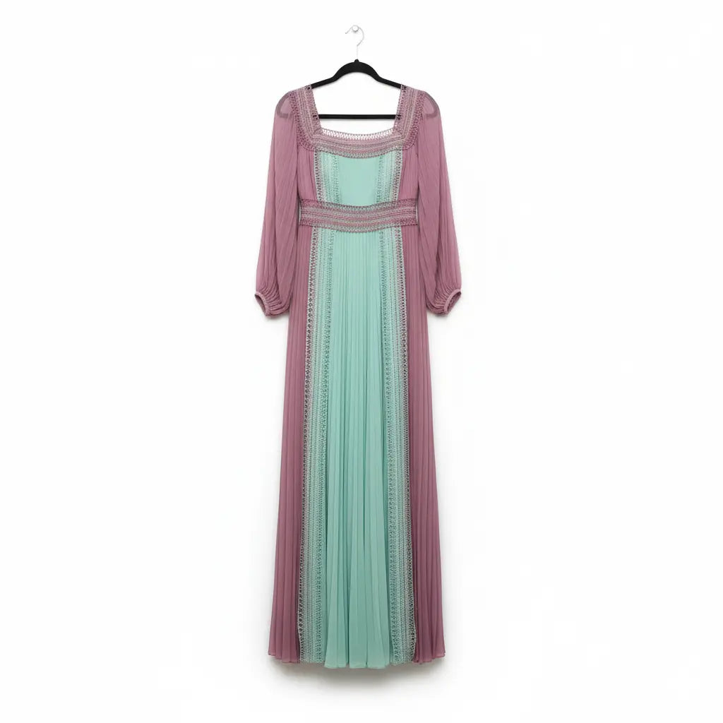 Light Blue and Pink Pleated Long Dress Marcella Acosta Couture Collection