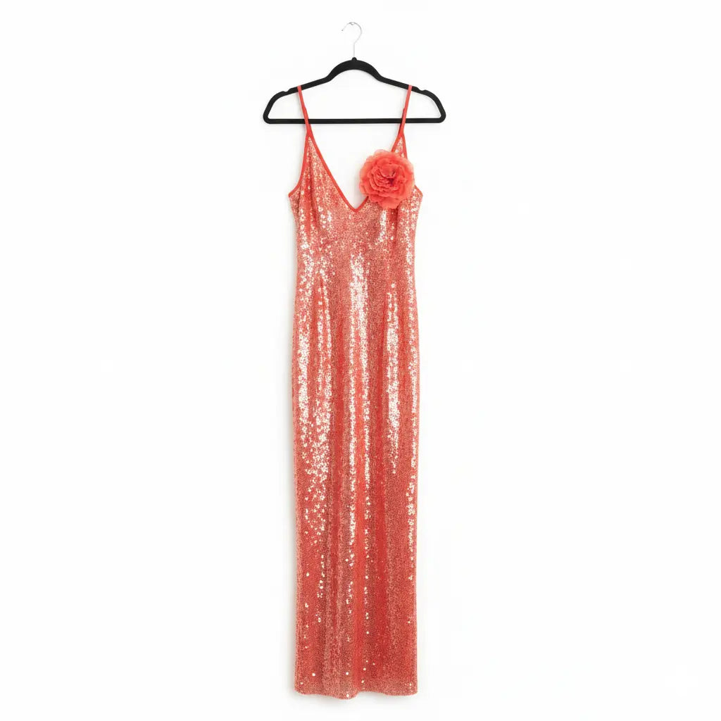 Orange Sequence Long Dress with Touch and Flowers Marcella Acosta Couture Collection