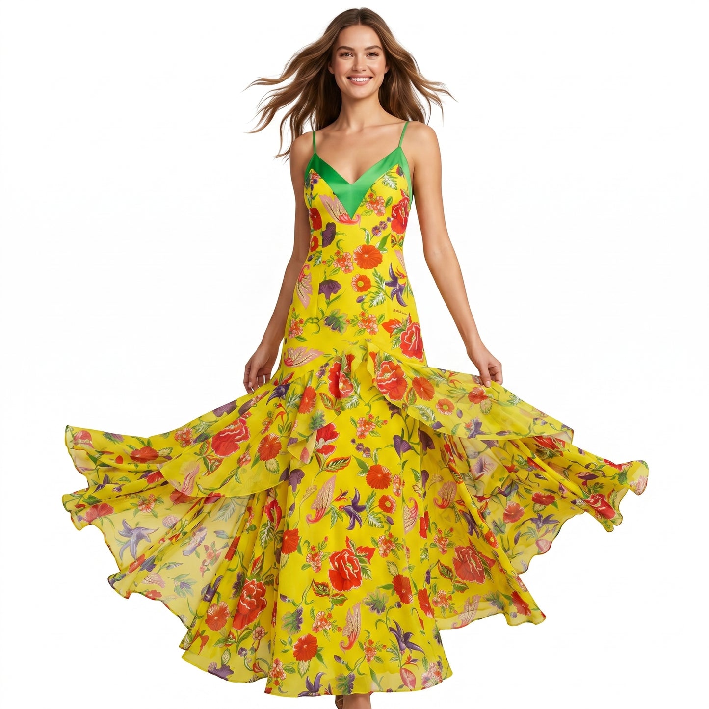 Yellow Flower Silk Long Dress