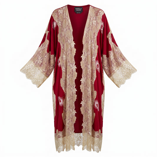 Dark Red Shatush Lace Long Kimono