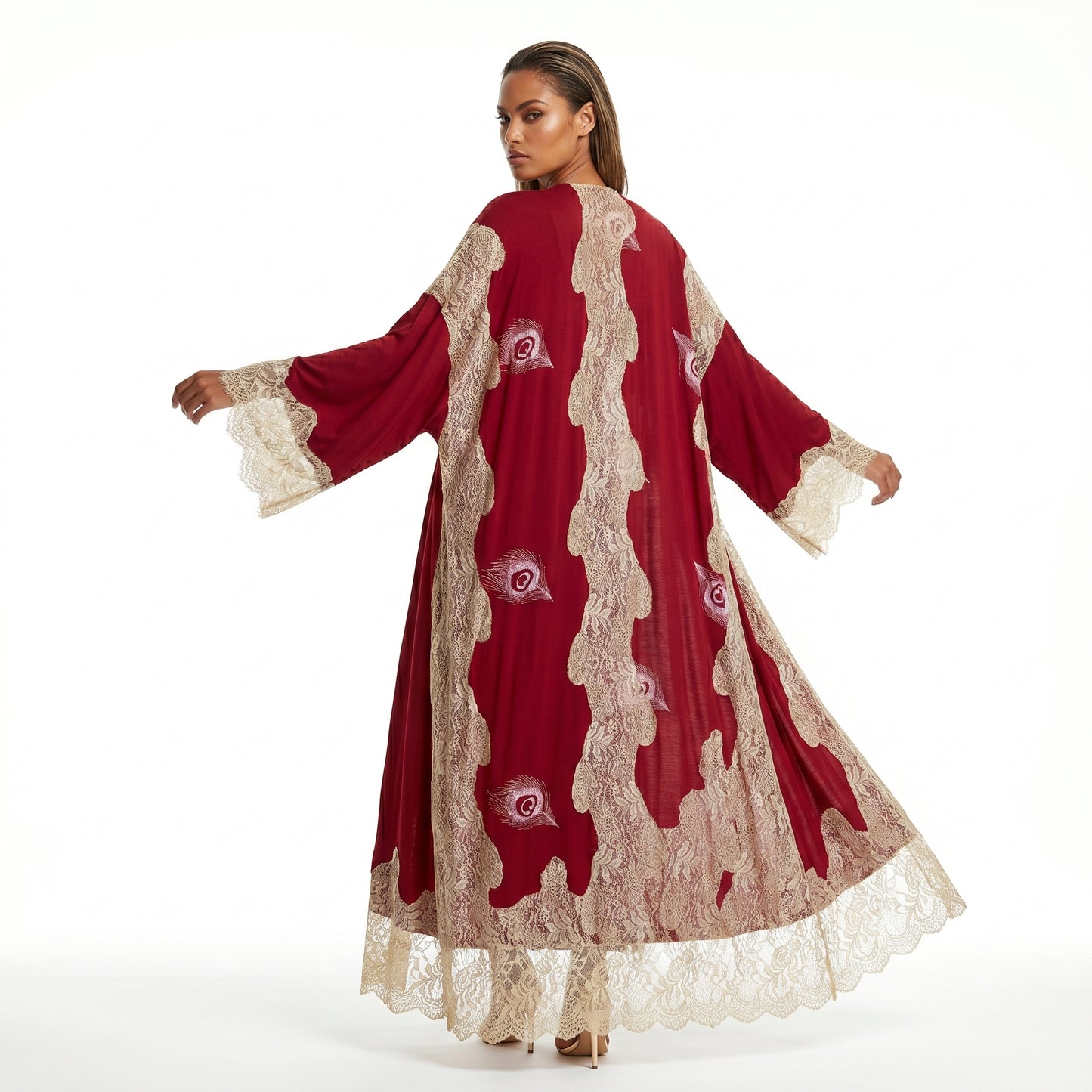 Dark Red Shatush Lace Long Kimono