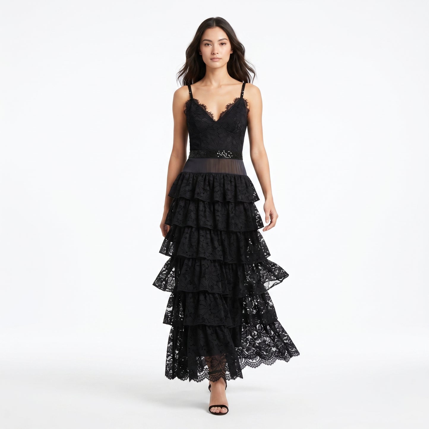 Black Long Lace Silk Dress
