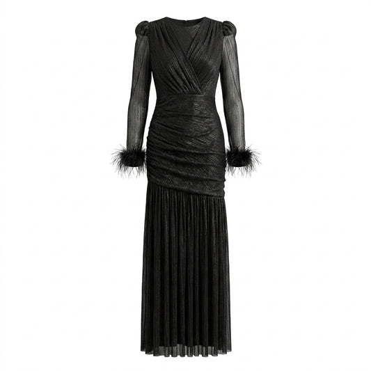 Black Stretch Polyester Long Gown With Feathers
