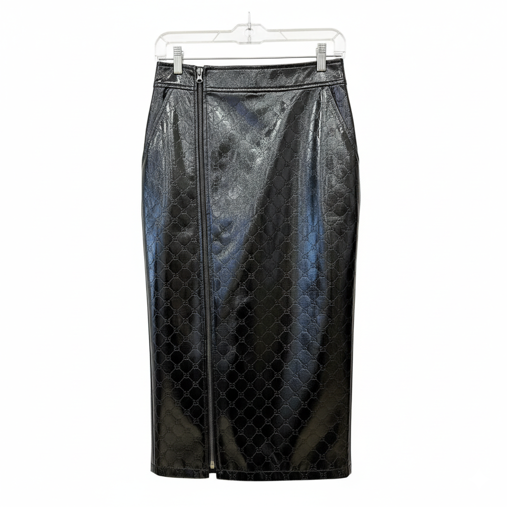 SPELL Black Shiny Faux Leather Midi Skirt.
