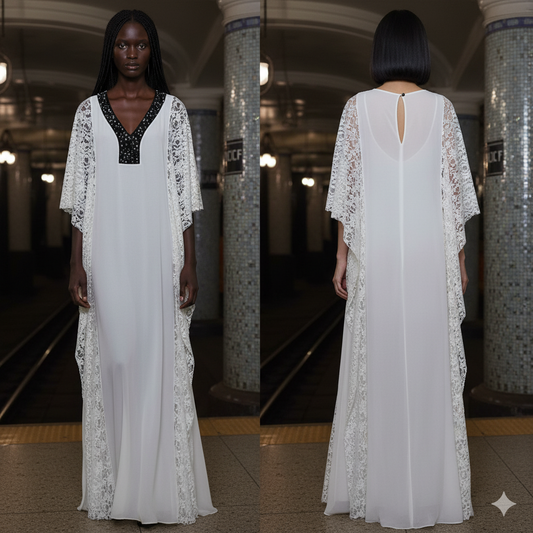 Genese White Tunic Lace Long Chiffon Dress