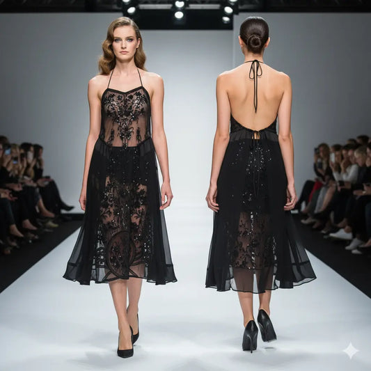Silk Black Transparent Embroidered Dress Marcella Acosta Couture Collection