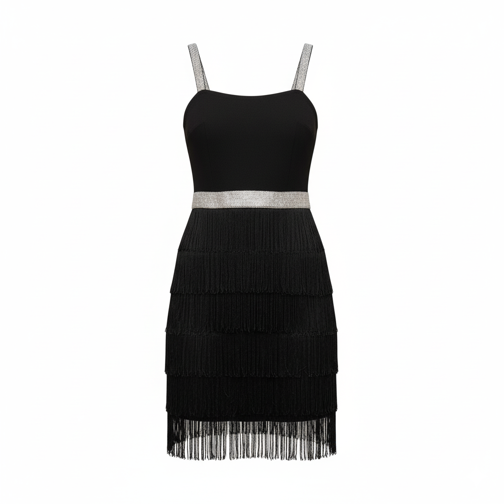 Flamode Black Mini Fringes Dress Silver Strap