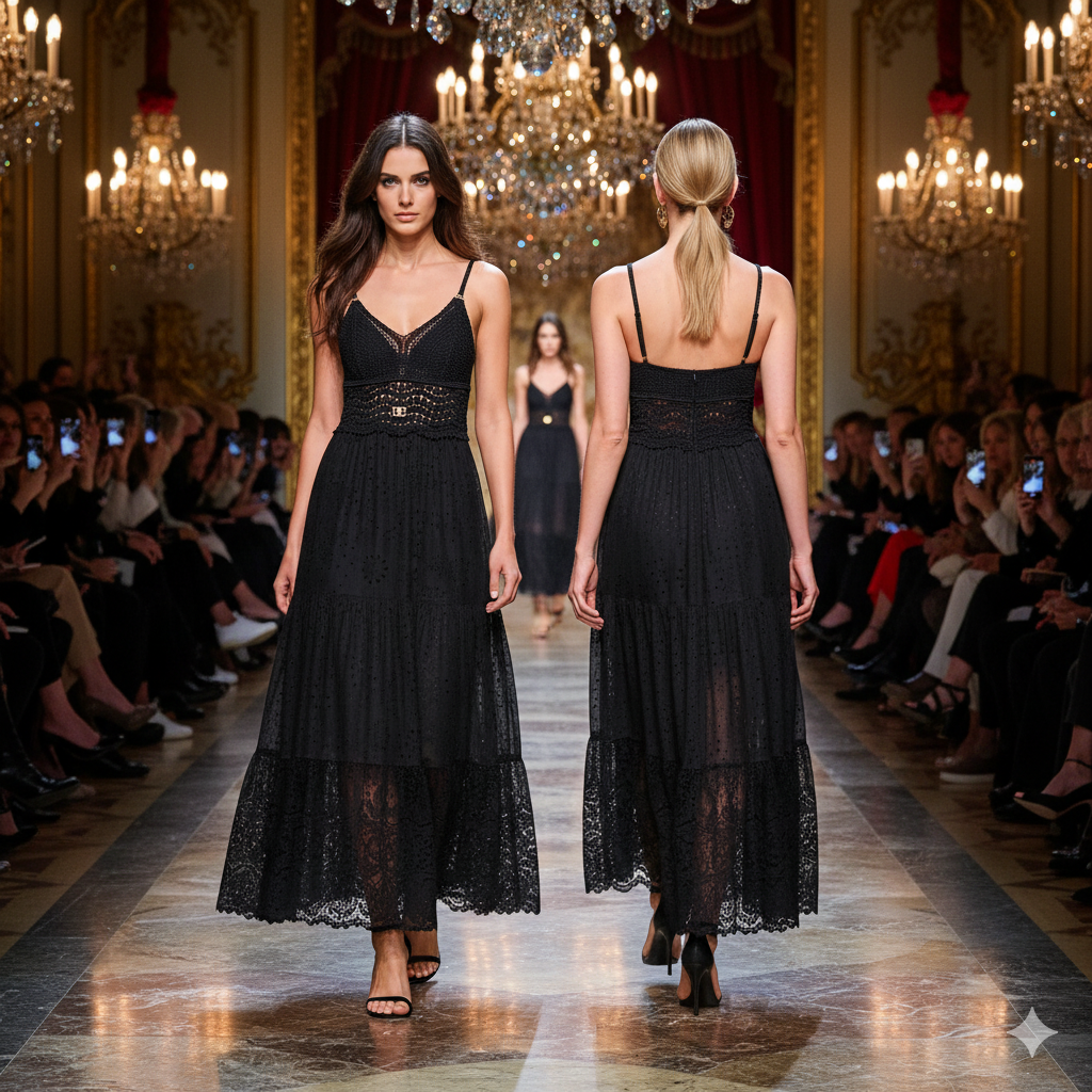 Dolce & Gabbana Cotton Crochet Black Long Dress