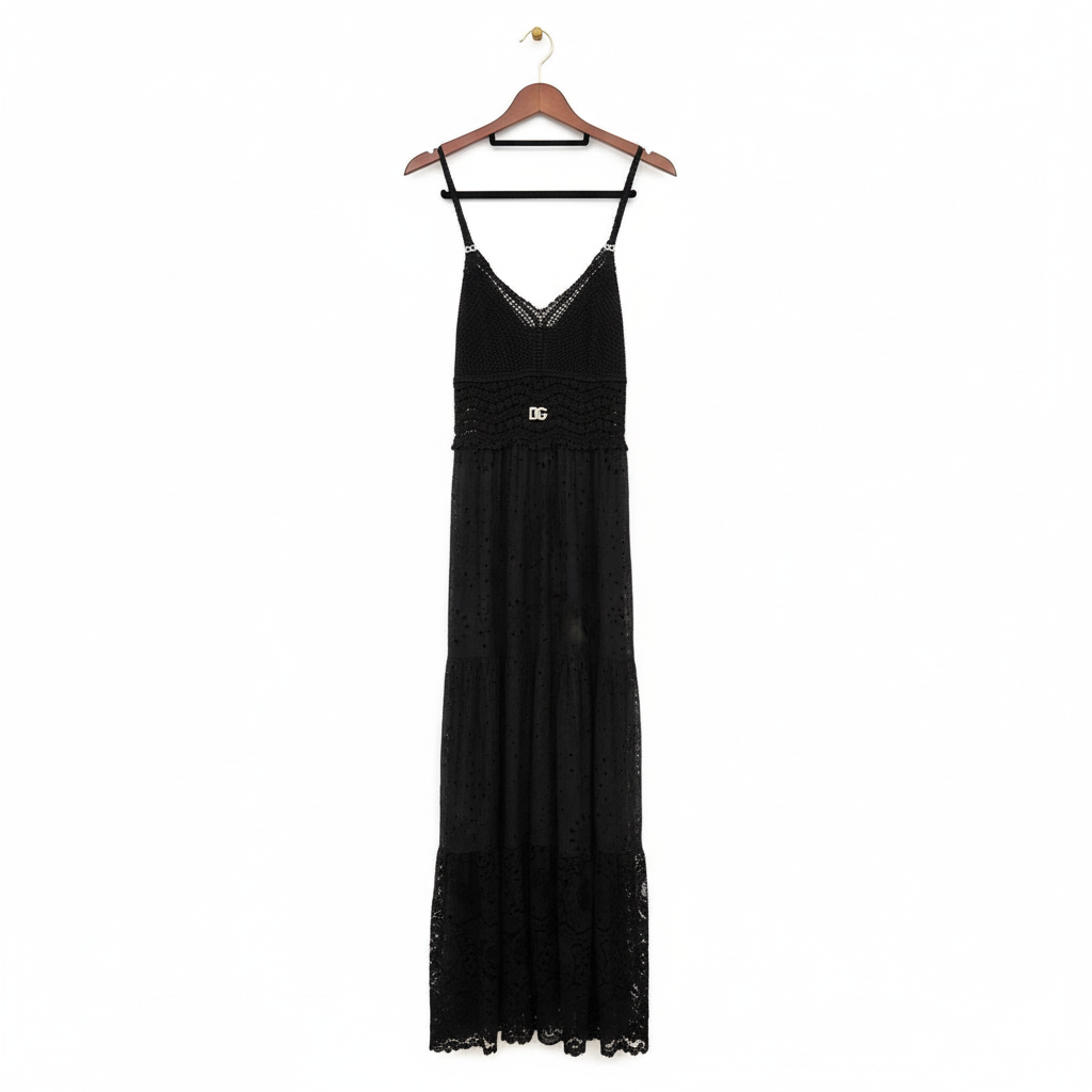 Dolce & Gabbana Cotton Crochet Black Long Dress