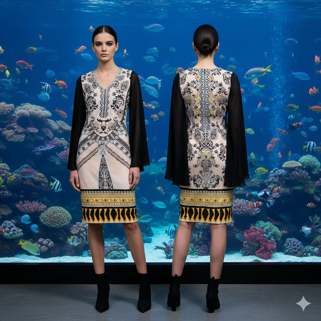 Marcella Acosta Genese Dress with Stones. Beige and Black.