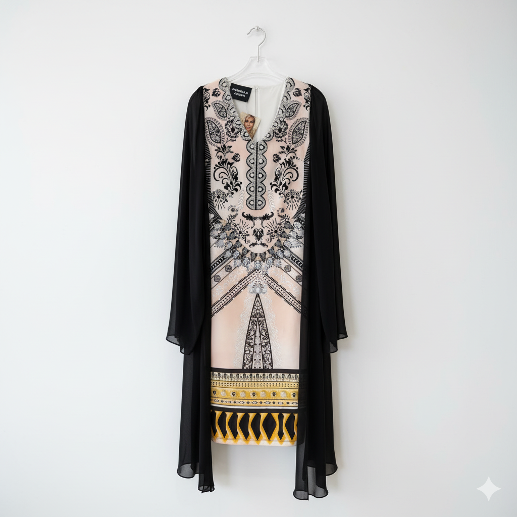 Marcella Acosta Genese Dress with Stones. Beige and Black.