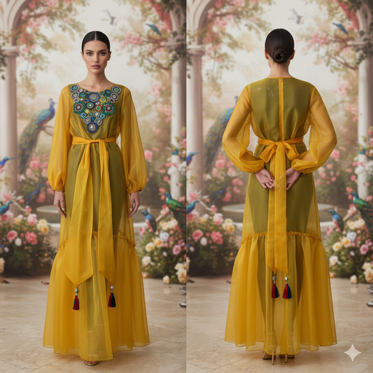 Marcella Acosta Taffeta Yellow Long Dress Swarovski