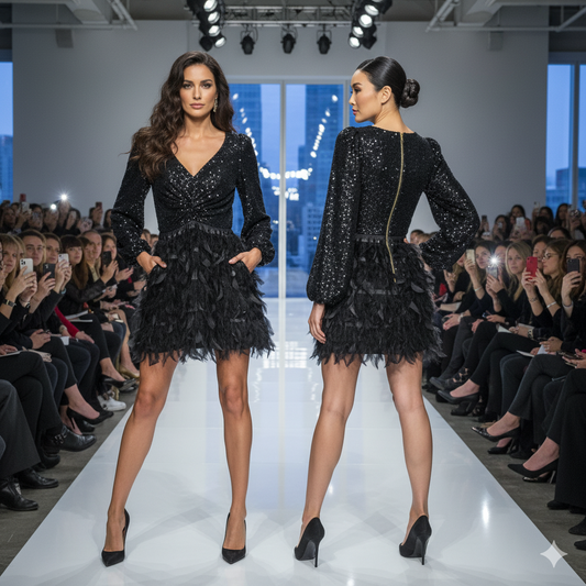 Valentino Black Sequins Dress with Feathers