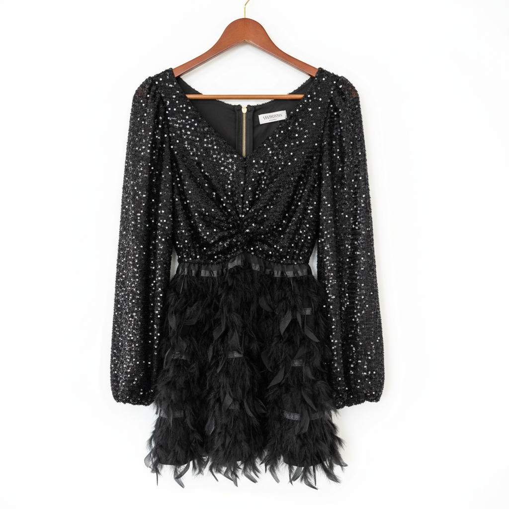 Valentino Black Sequins Dress with Feathers