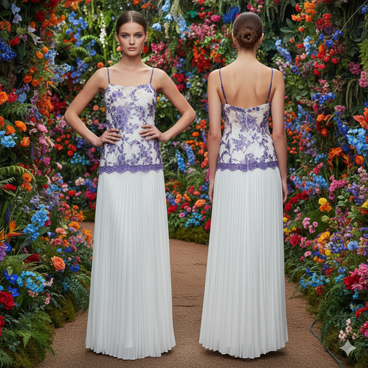 Marcella Acosta Long White and Blue Dress Pleated