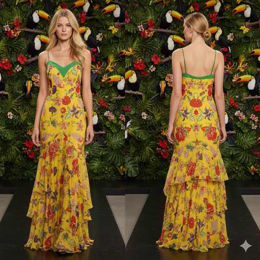 Marcella Acosta Yellow Flower Silk Long Dress