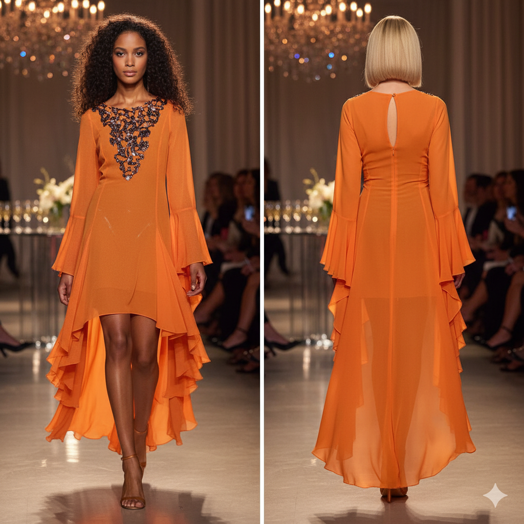 Genese Orange Dress Transparent Chiffon