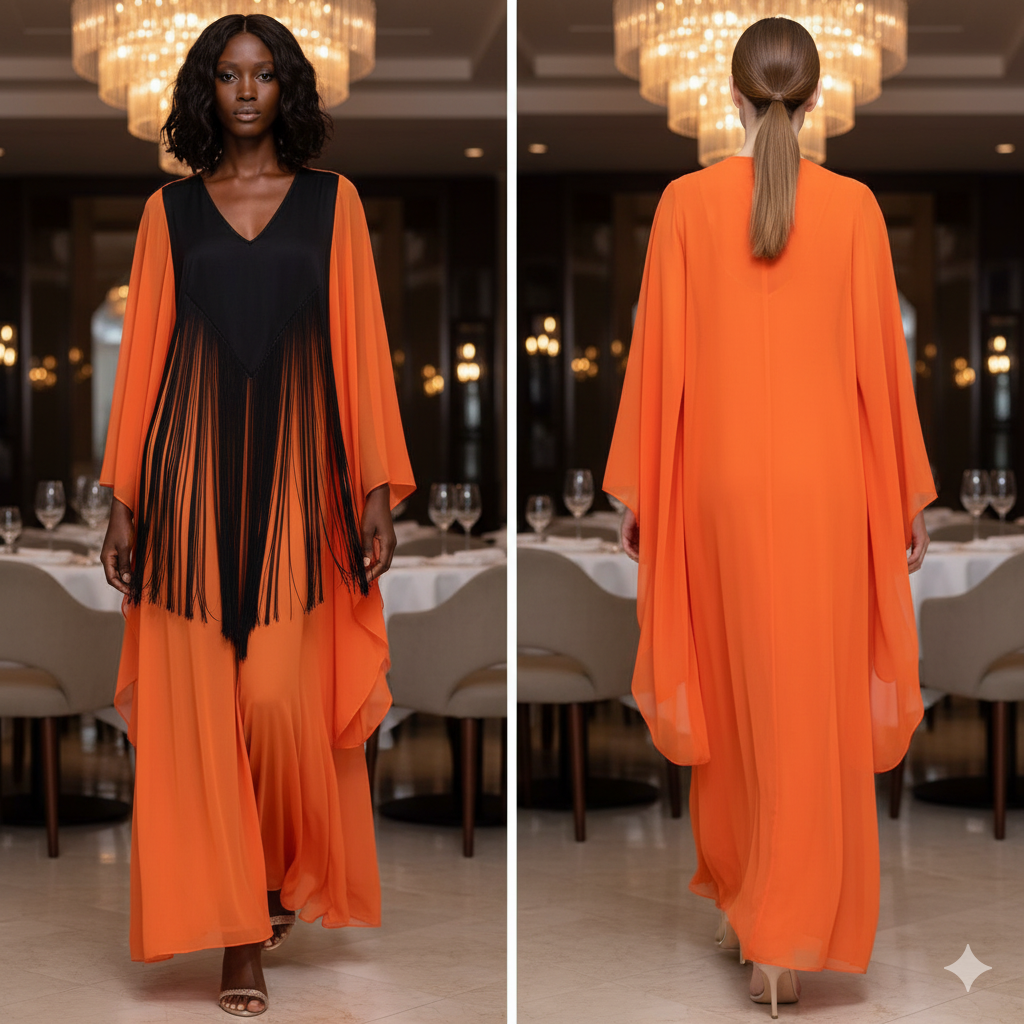 Marcella Acosta Orange and Black with Fringes Long Chiffon Dress
