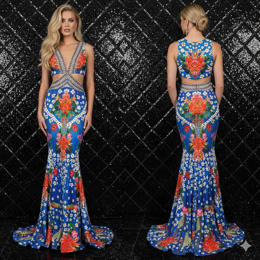 GENESE Blue and Flowers Long Gown Dress with Crystals.