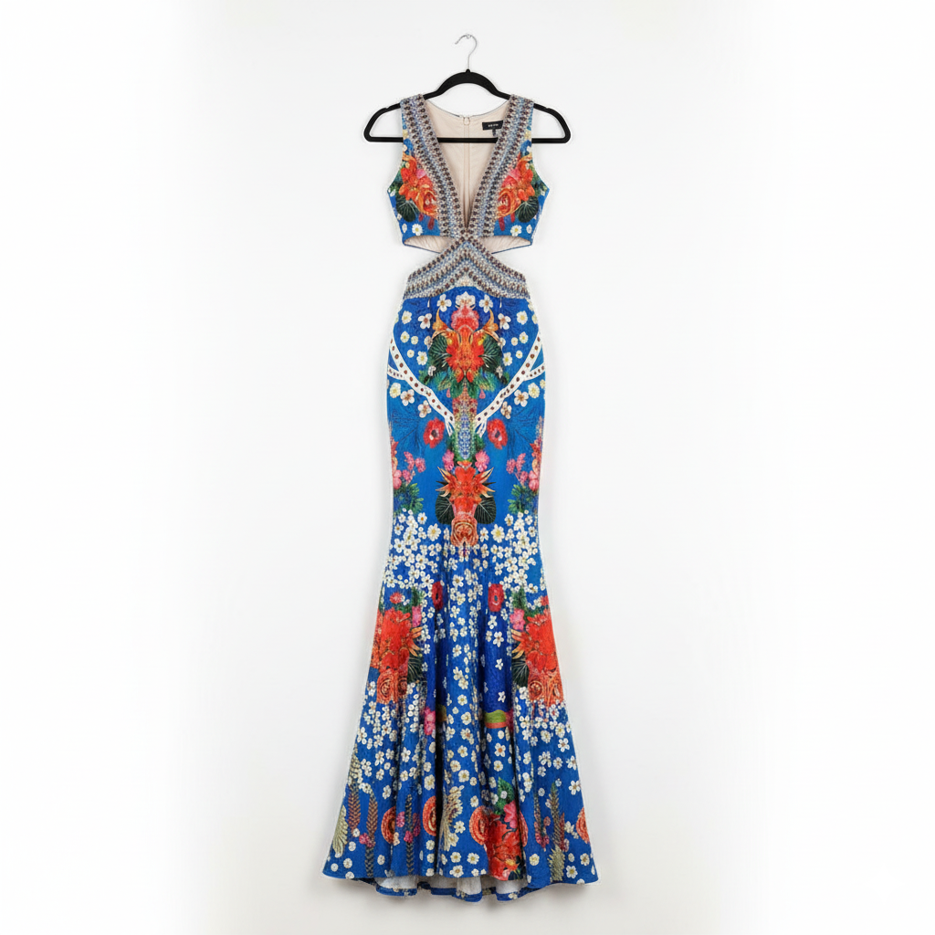 GENESE Blue and Flowers Long Gown Dress with Crystals.